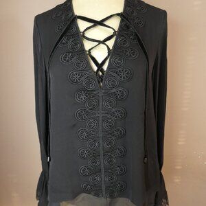 Jonathan Simkhai Women's S Silk Georgette Lace Up Soutache Blouse Black Top $585